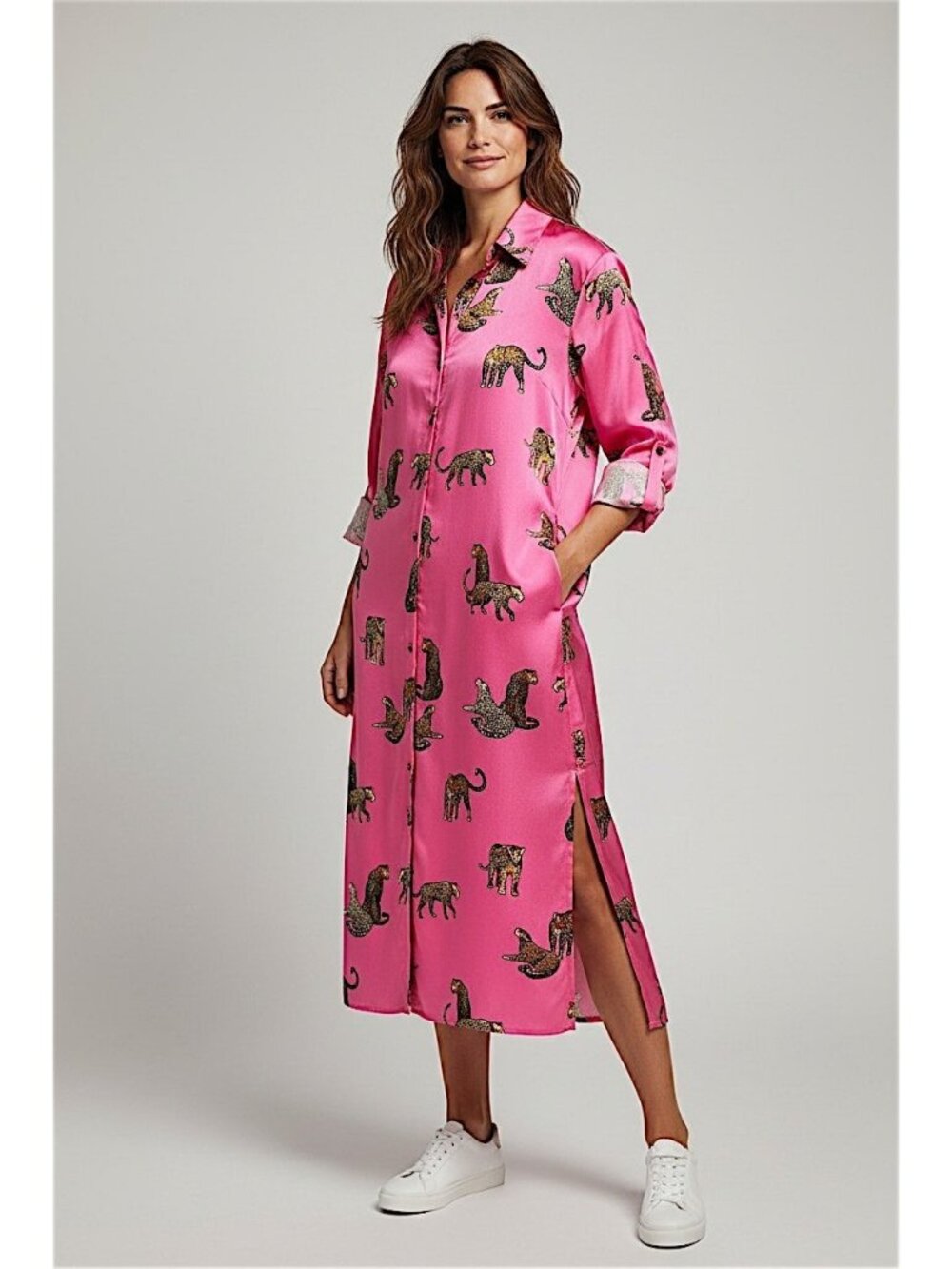 Umgee Midi Dress Cardigan Hot Pink Cougar Print Size S